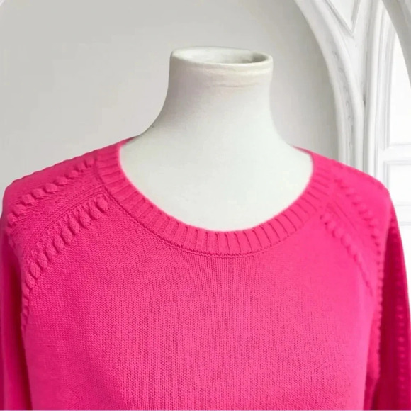 Sail to Sable crewneck sweater, hot pink pompoms pullover cashmere wool blend - Picture 3 of 16